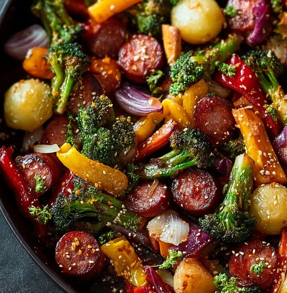 One-Pan Honey Garlic Kielbasa with colorful veggies cooked to perfection