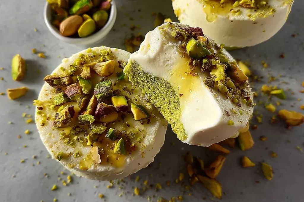 Delicious pistachio frozen yogurt cups topped with nuts and drizzled sauce
