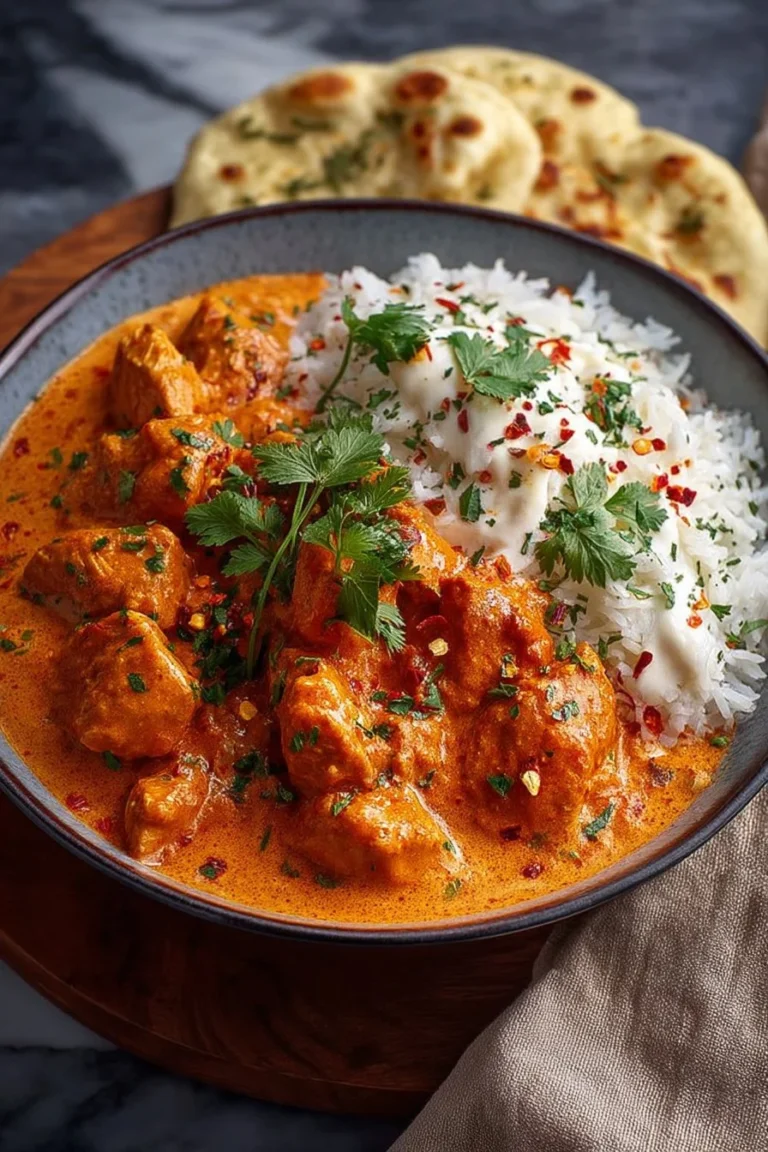 Delicious homemade butter chicken served with rice and naan bread