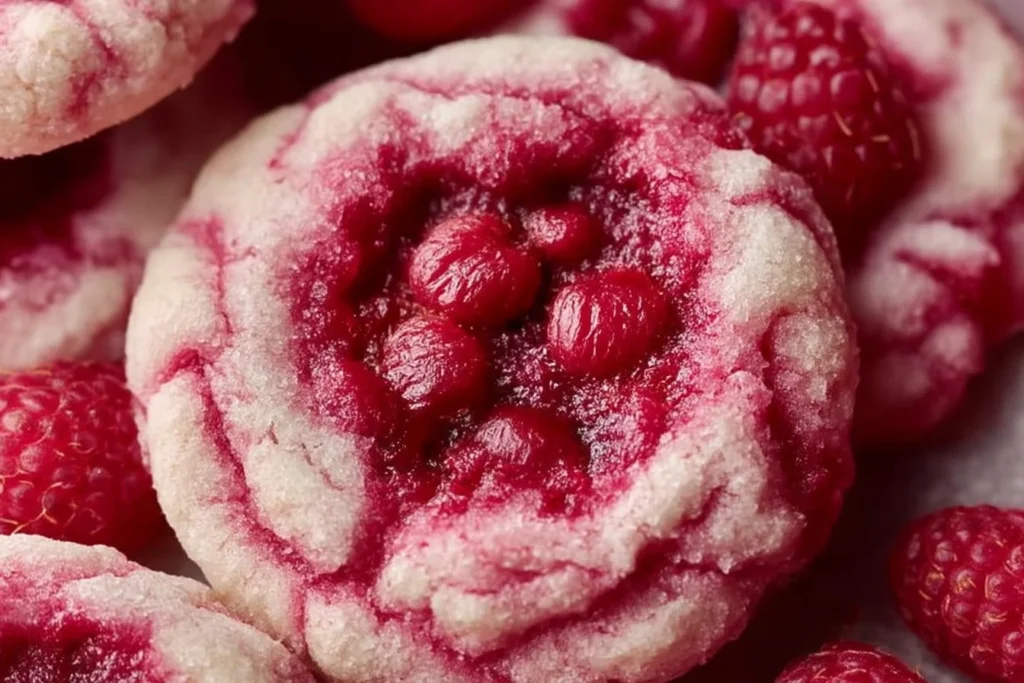 Freshly baked raspberry cookies with a crispy edge and soft center.