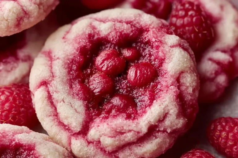 Freshly baked raspberry cookies with a crispy edge and soft center.