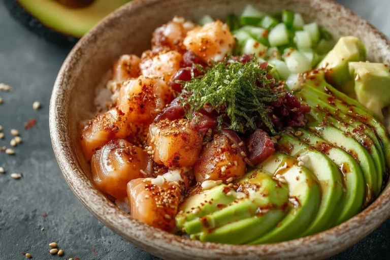 Delicious Salmon and Avocado Poke Bowl garnished with fresh ingredients