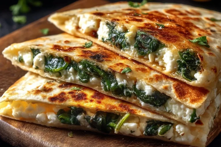 Delicious spinach feta quesadillas served with a side of salsa and herbs.
