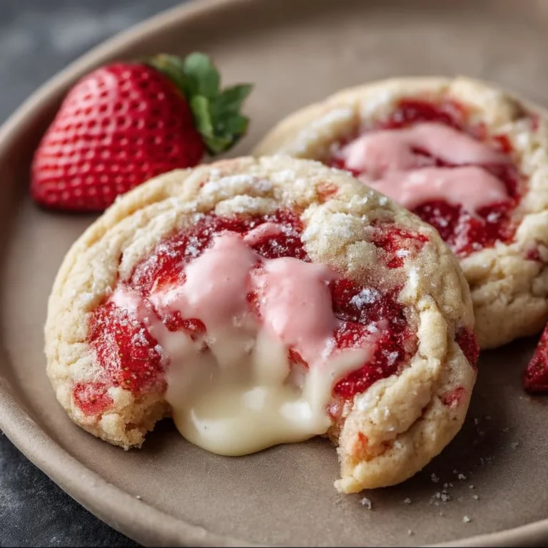 Freshly baked strawberry cheesecake cookies on a cooling rack.