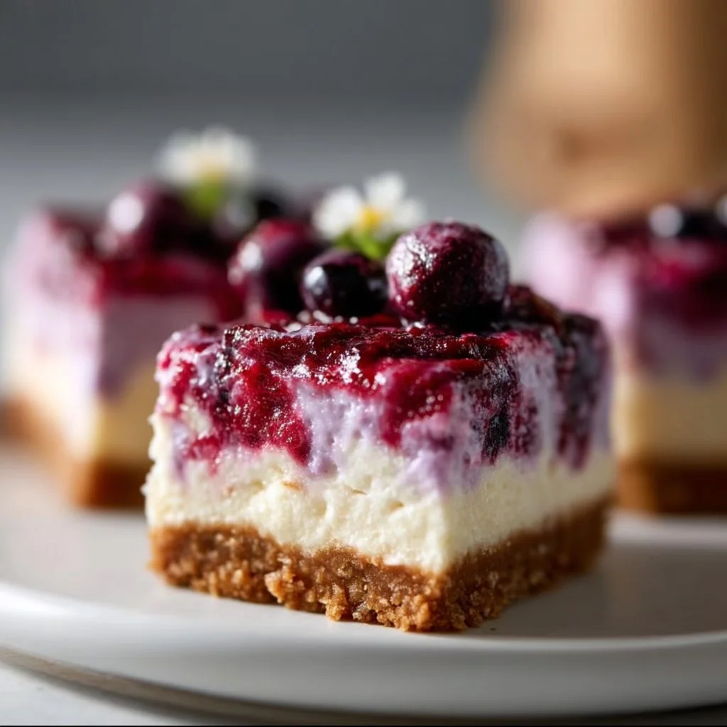 Sugar-free berry cheesecake bars topped with fresh berries