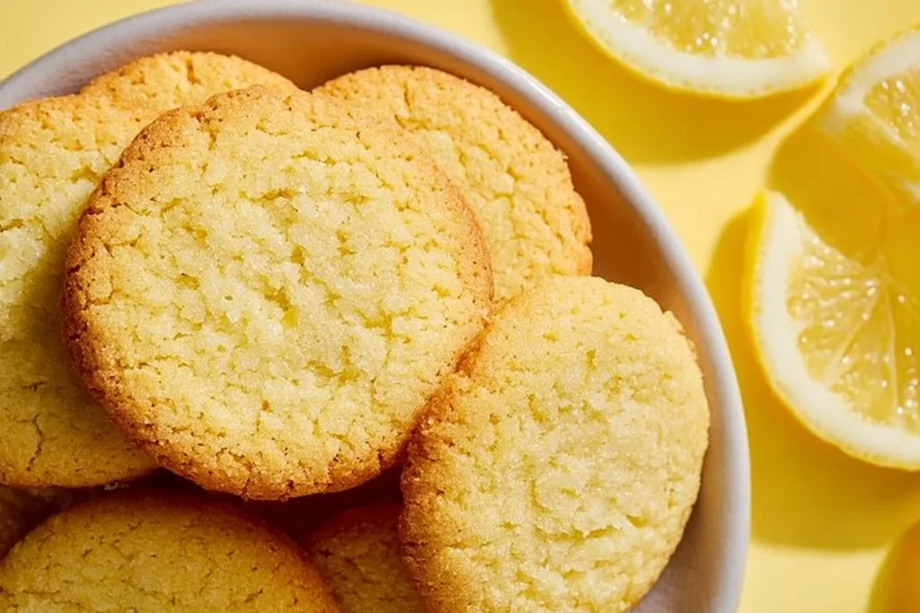 Plate of zesty sugar free lemon cookies garnished with lemon slices