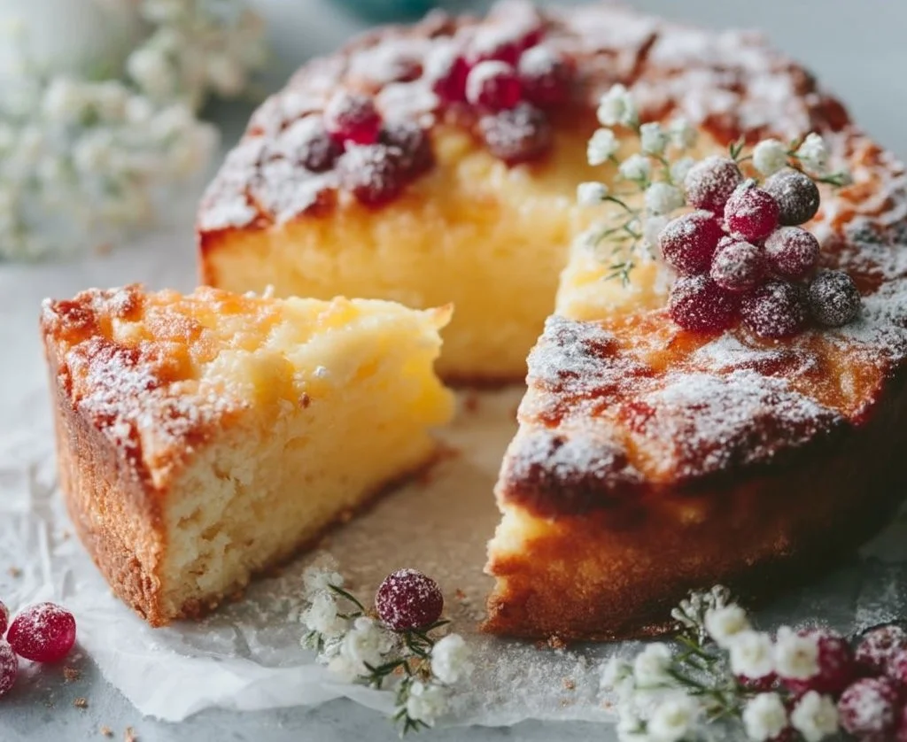 Delicious 3 ingredient yogurt cake topped with fresh fruits