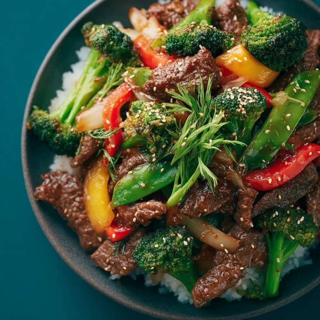Colorful beef stir fry with vegetables in a pan, ready to serve for a quick meal.