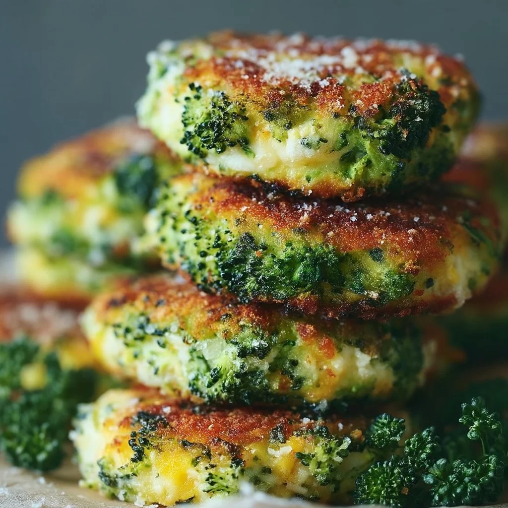 Delicious broccoli cheese patties served on a plate, garnished with herbs.