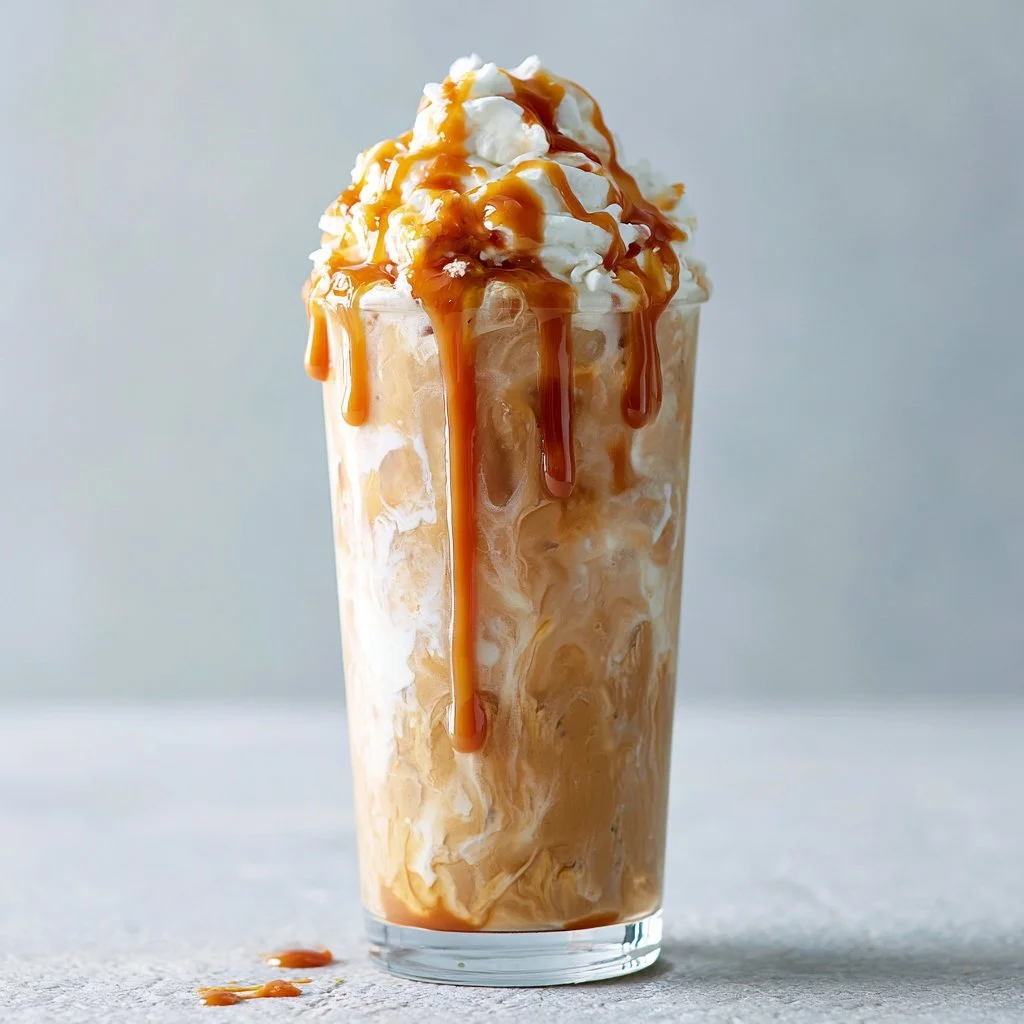 Delicious Caramel Frappe topped with whipped cream and caramel drizzle.
