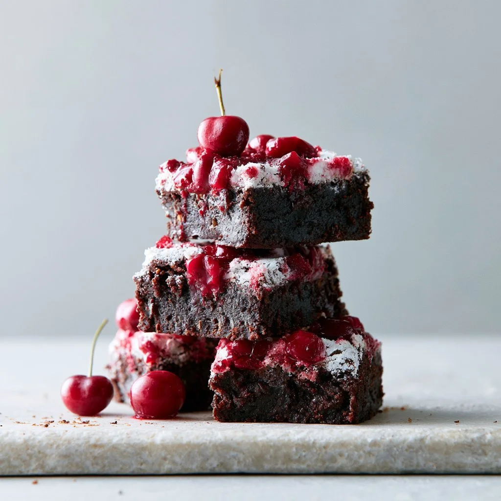 Delicious homemade Cherry Brownies with chocolate and cherry toppings