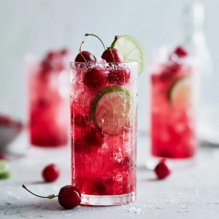 Glass of Cherry Limeade with fresh cherries and lime slices