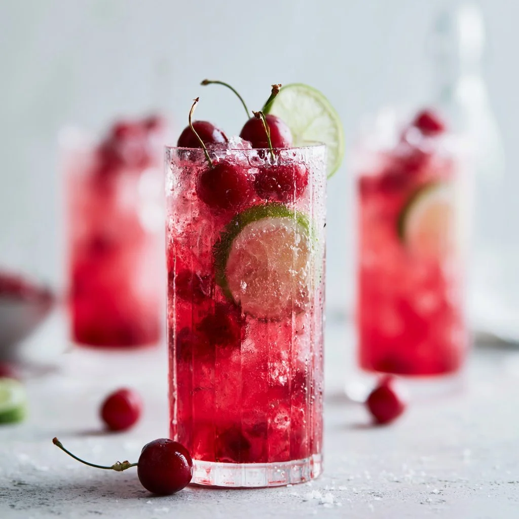 Glass of Cherry Limeade with fresh cherries and lime slices