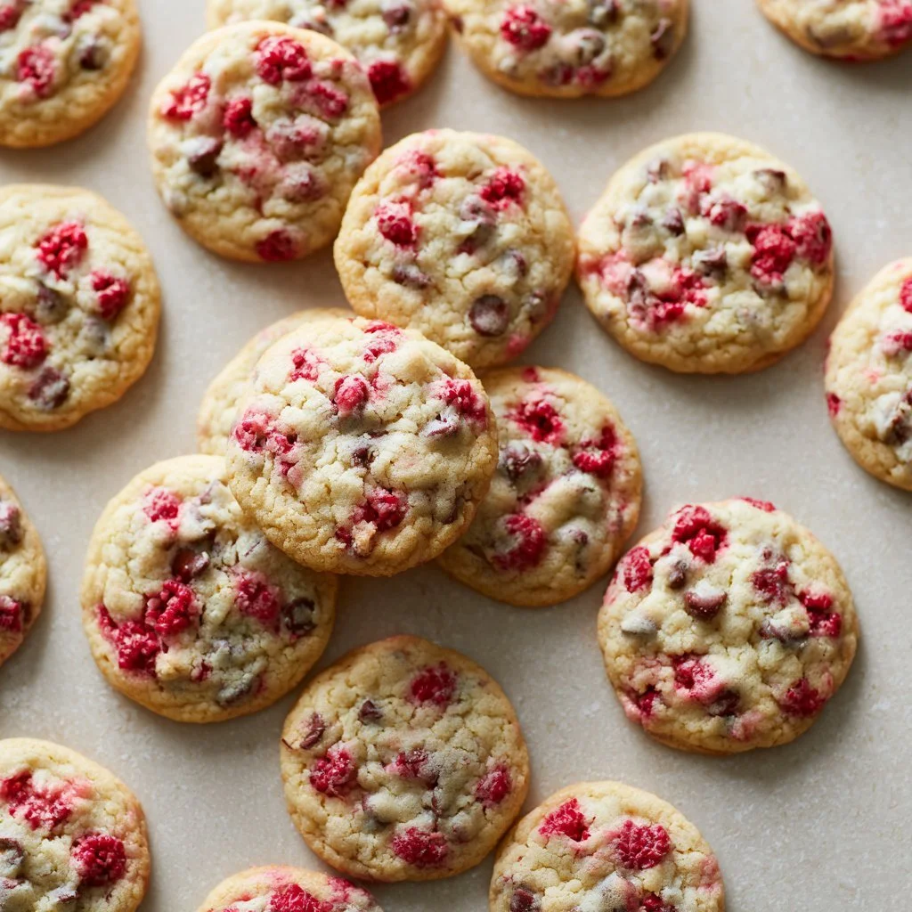 Chewy raspberry chocolate chip cookies with melted chocolate and fresh raspberries