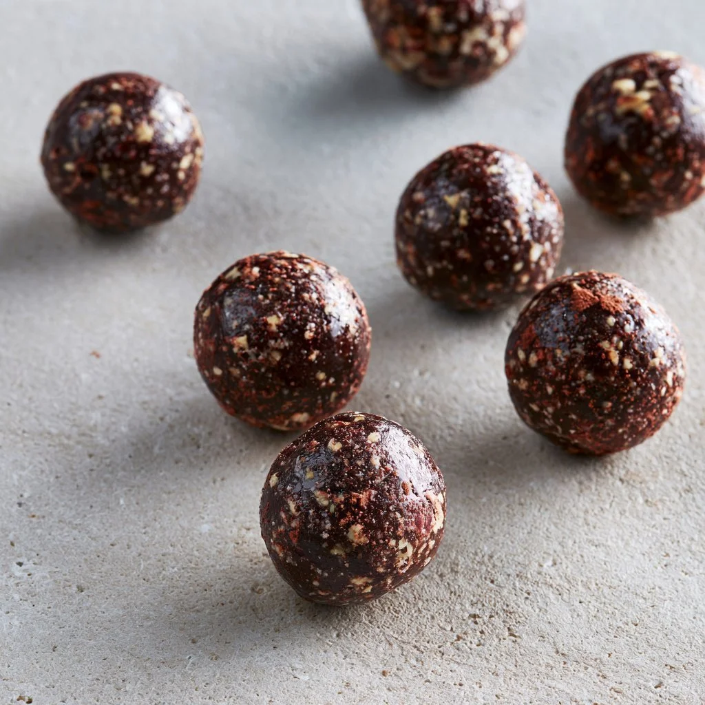 Homemade chocolate date balls, a healthy snack made with dates and cocoa.