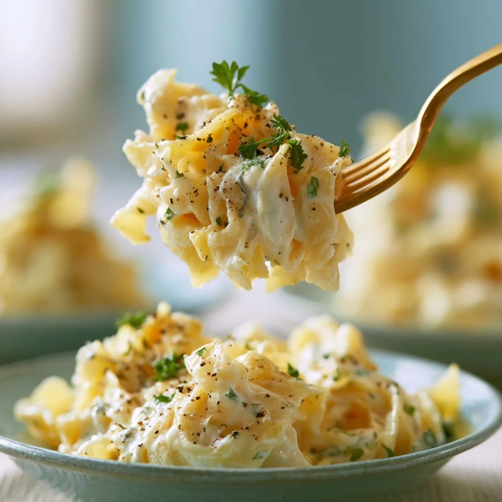 Delicious creamy pasta dish garnished with parsley on a white plate