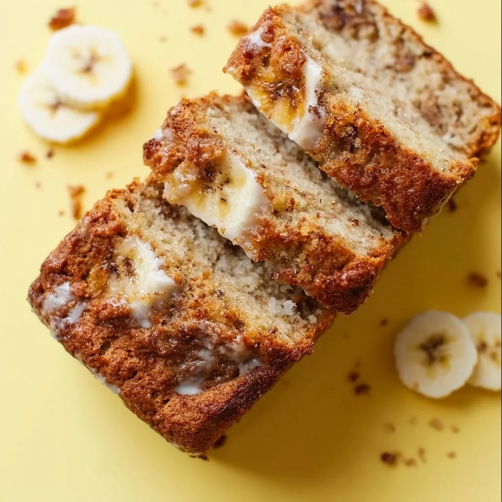 Delicious slice of easy sugar free banana bread with bananas on a wooden table.