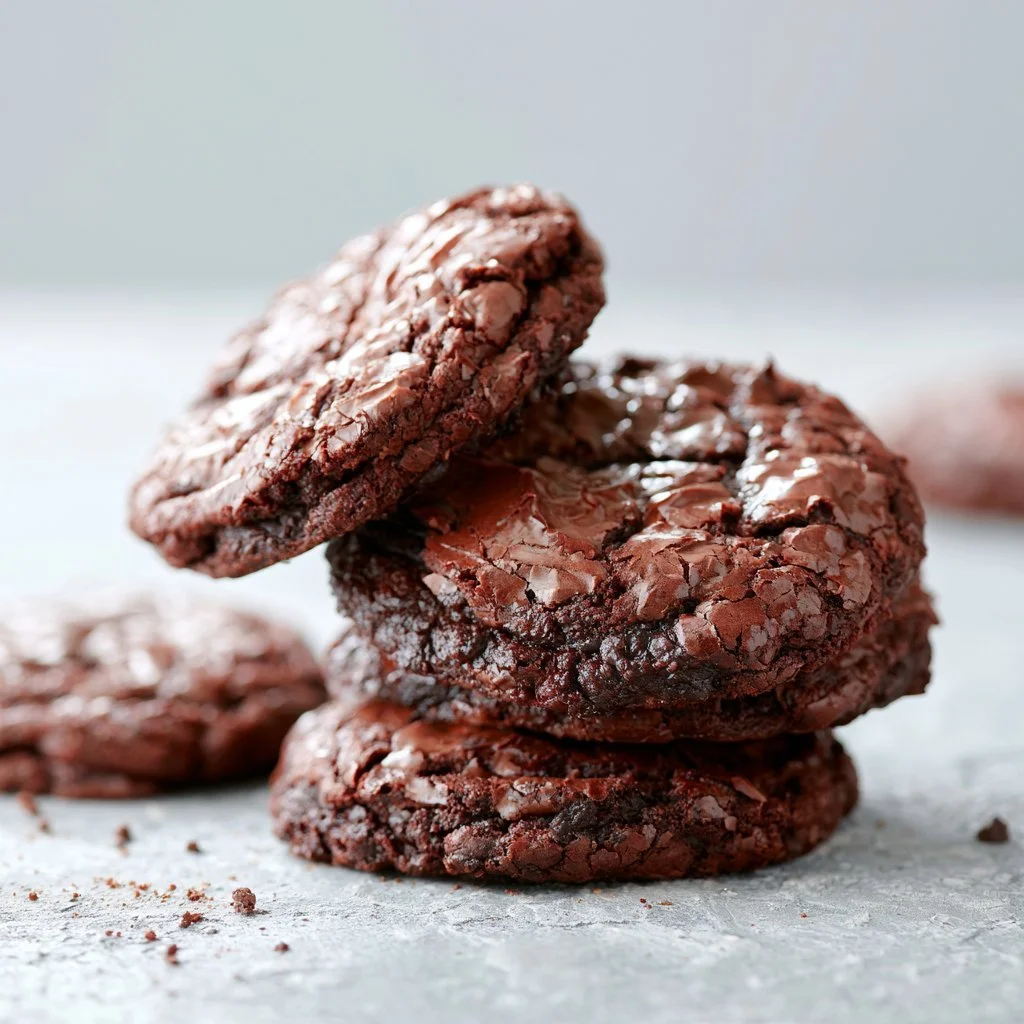Delicious fudgy brownie cookies on a plate, topped with chocolate chips.