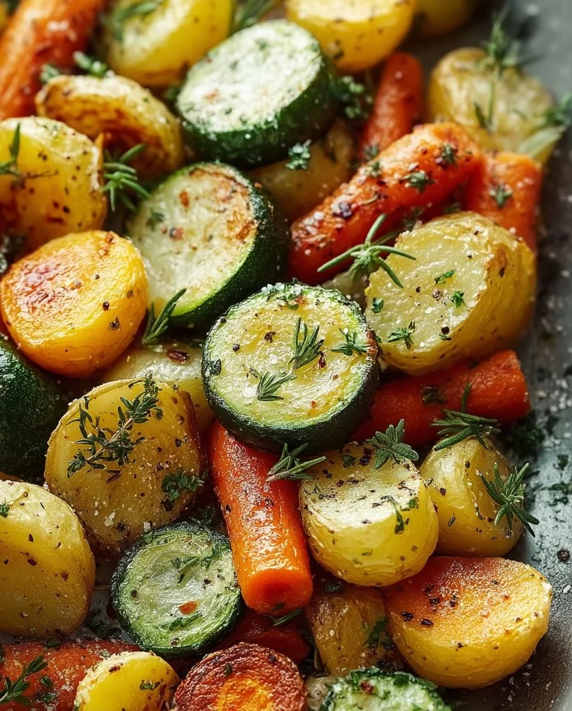 Garlic herb roasted potatoes, carrots, and zucchini served as a healthy side dish