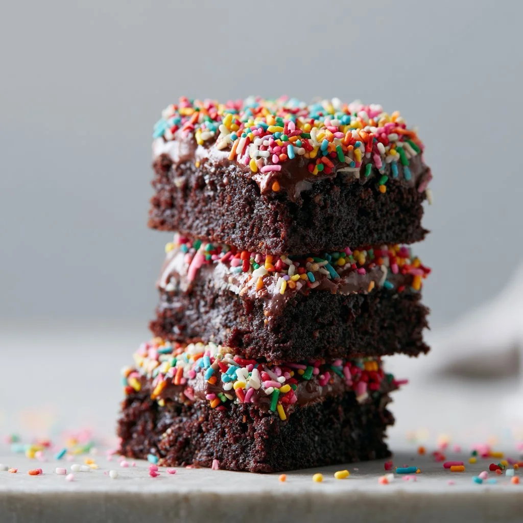 Gourmet cosmic brownies topped with colorful sprinkles and rich chocolate