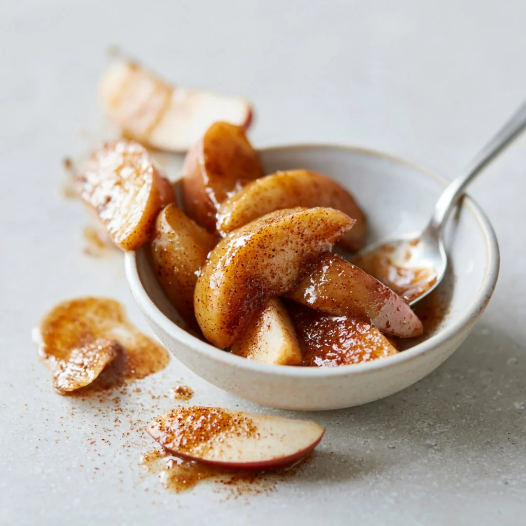 Bowl of healthy cinnamon apples sprinkled with cinnamon in a rustic setting.