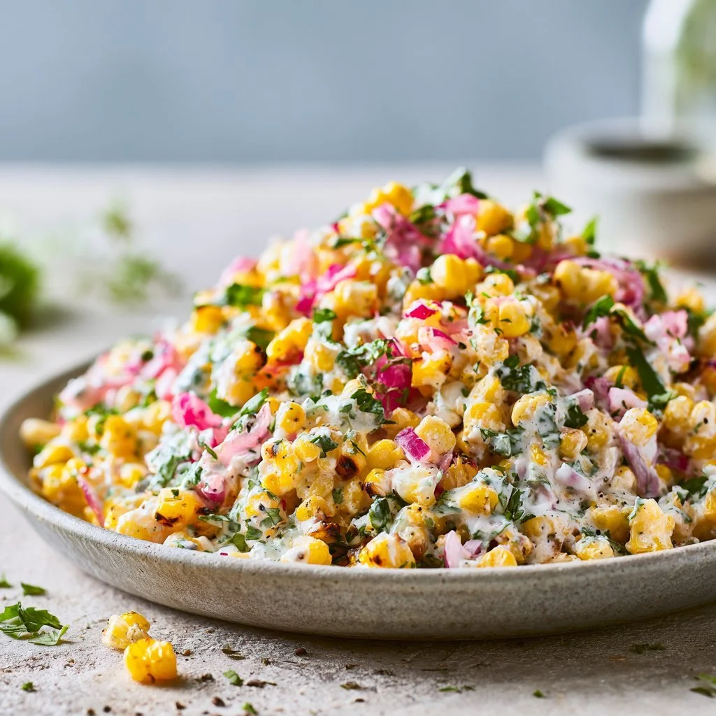 Healthy street corn salad made with Greek yogurt and fresh vegetables