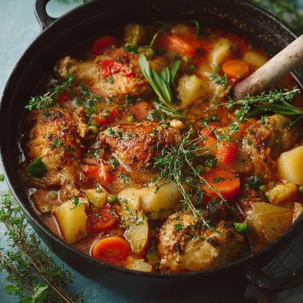 Hearty one-pot chicken stew served in a bowl with fresh vegetables.