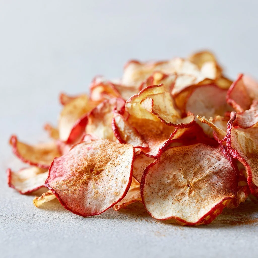 Homemade apple cinnamon chips spread out on a wooden board.