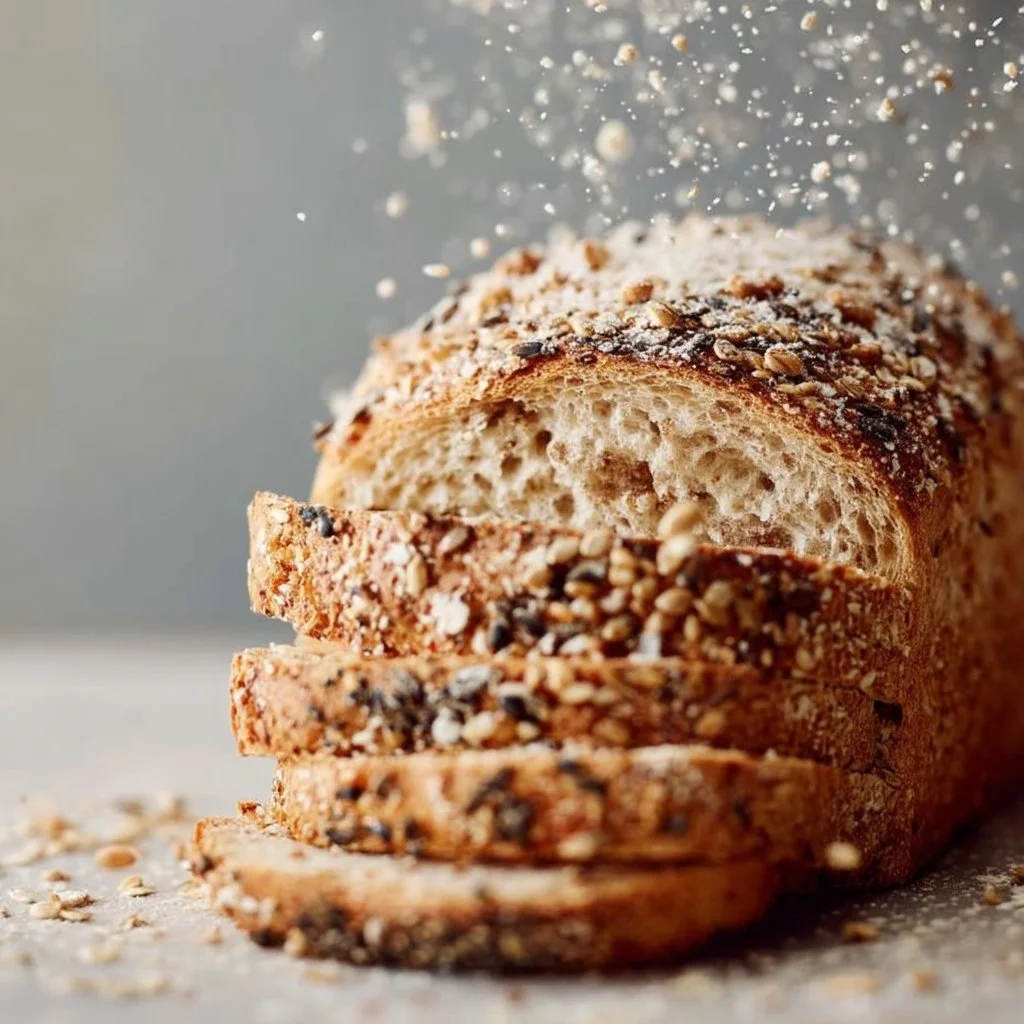 Freshly baked homemade multigrain bread on a wooden cutting board.