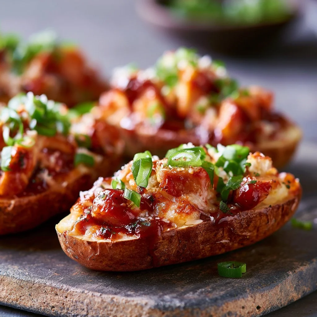 Honey BBQ Chicken Potatoes served on a plate with garnish
