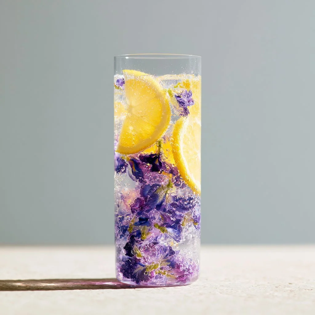Refreshing Honey Lemon Butterfly Fizz cocktail with vibrant colors and garnish.