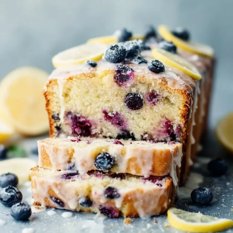 Lemon blueberry loaf cake with fresh blueberries and lemon zest on a plate.