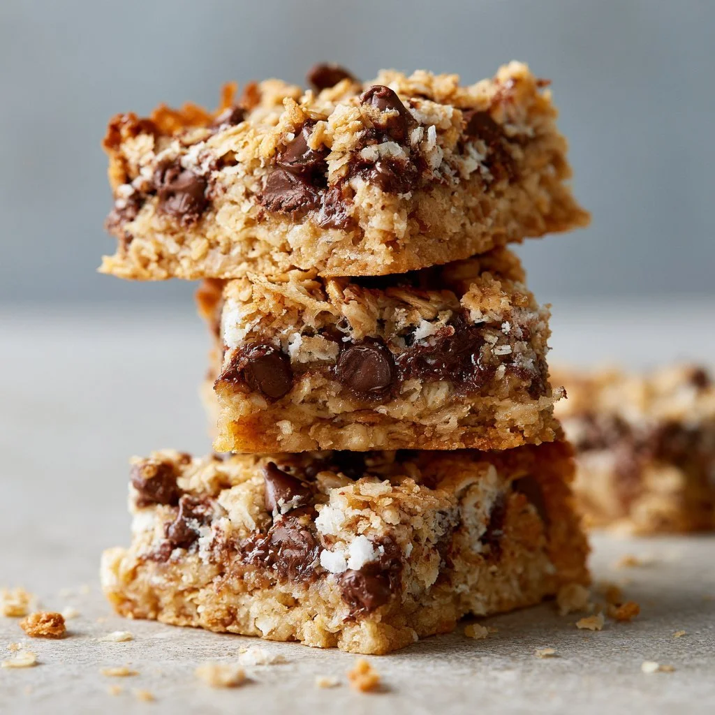 Delicious oatmeal chocolate chip bars on a wooden surface.