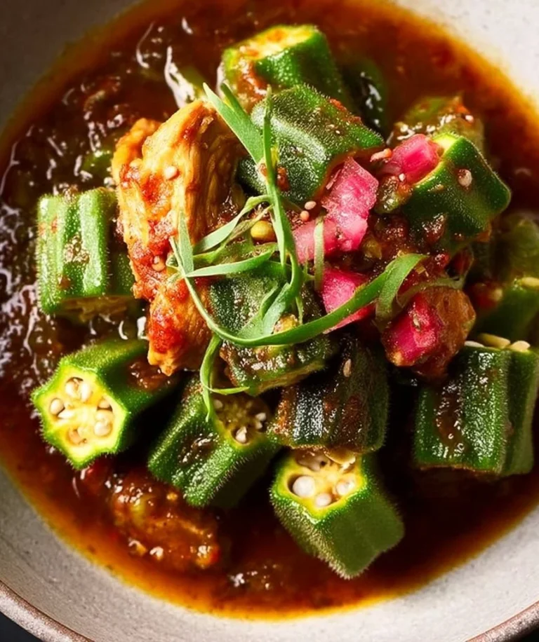 Bowl of flavorful okra stew with vegetables and spices