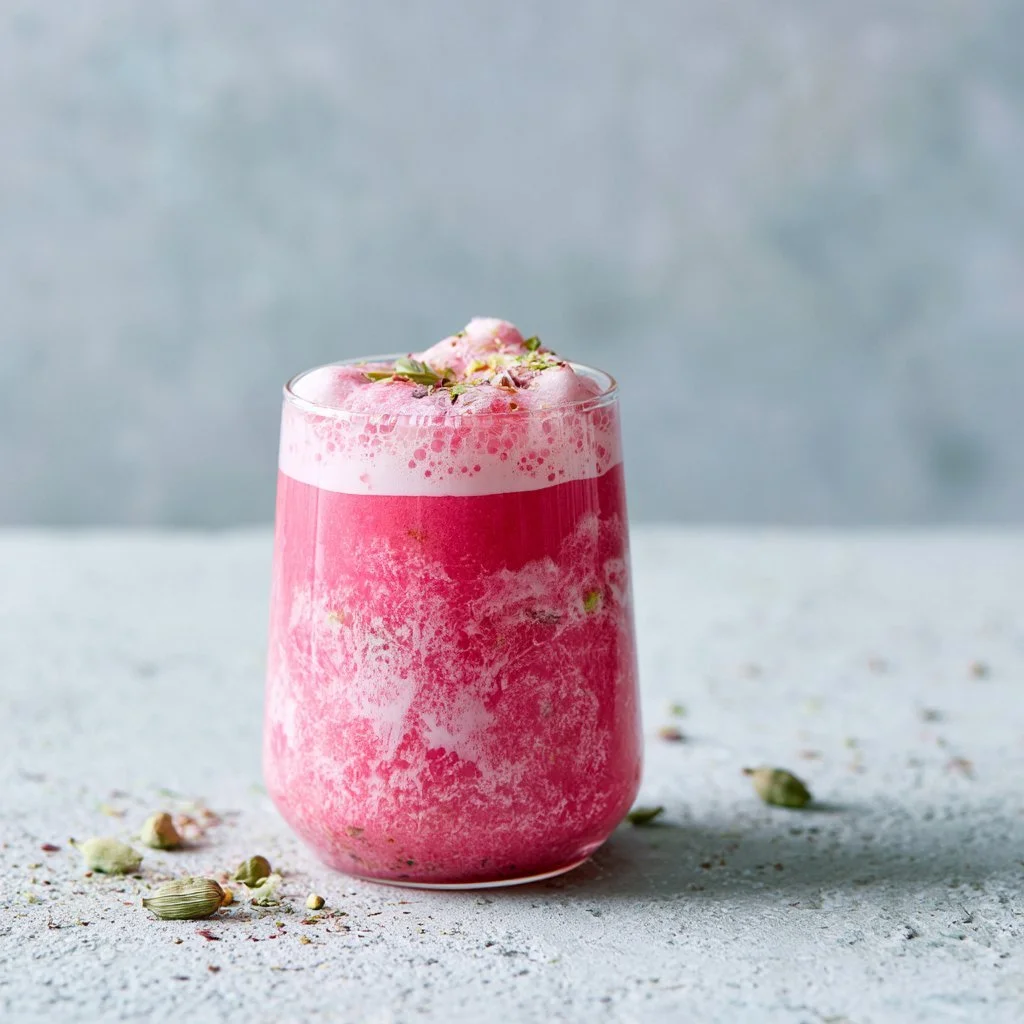 A beautiful cup of pink tea served with a slice of lemon and mint leaves.