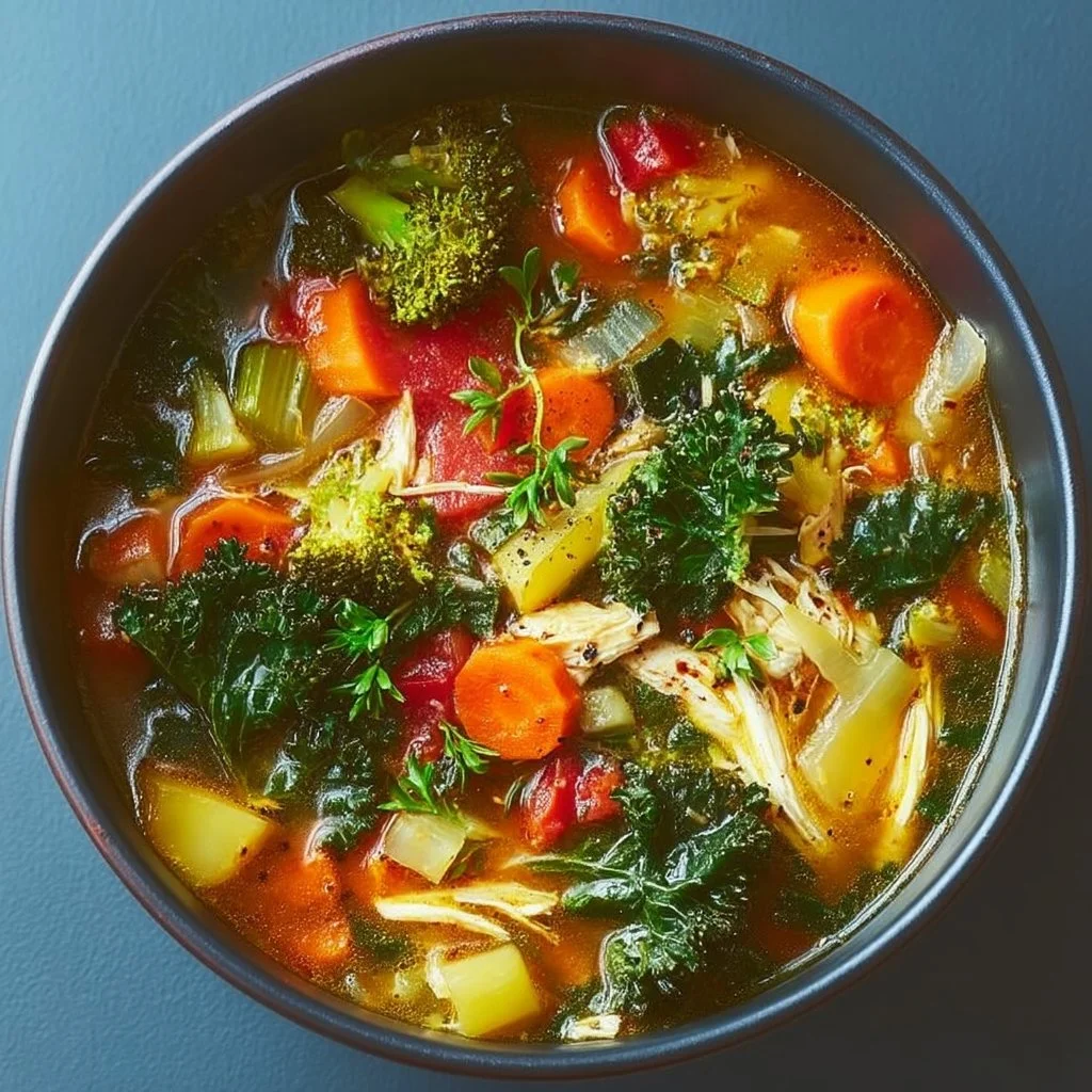 Healthy pot weight loss soup with vegetables and herbs in a bowl