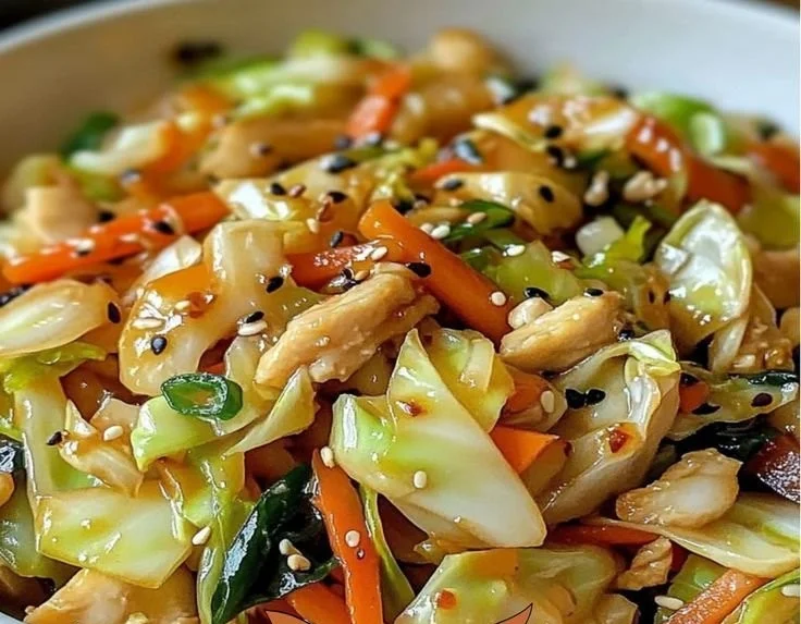 Healthy cabbage stir-fry in a colorful bowl with fresh ingredients