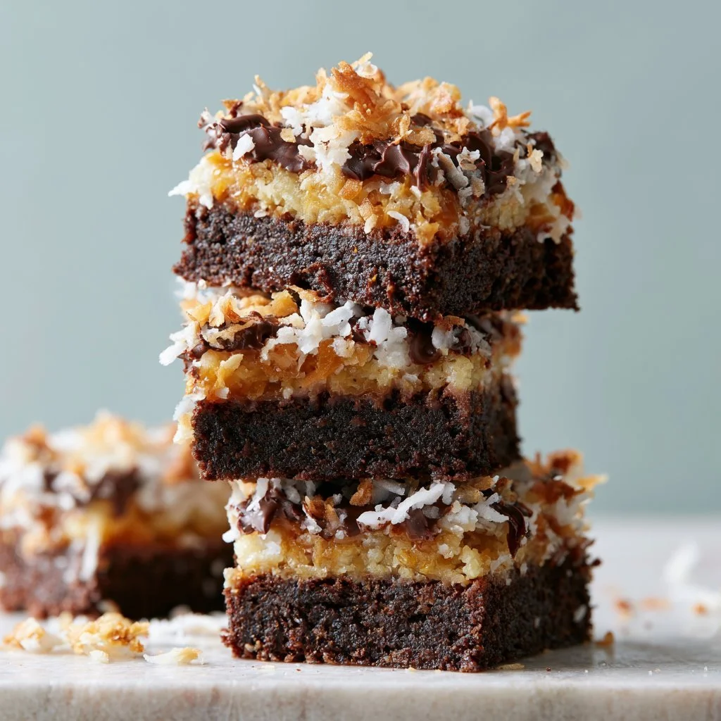 Delicious Samoa Brownies topped with coconut and caramel drizzle