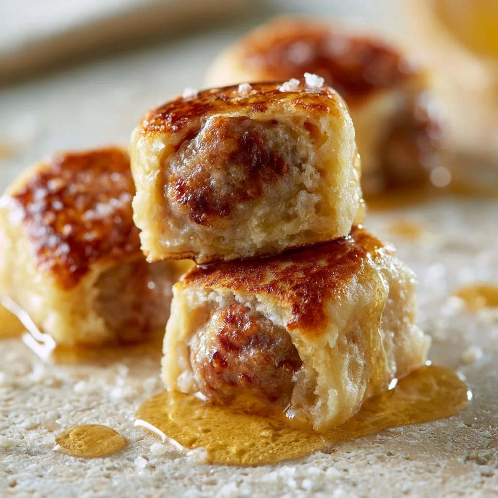 Delicious sausage pancake bites ready to serve on a plate.