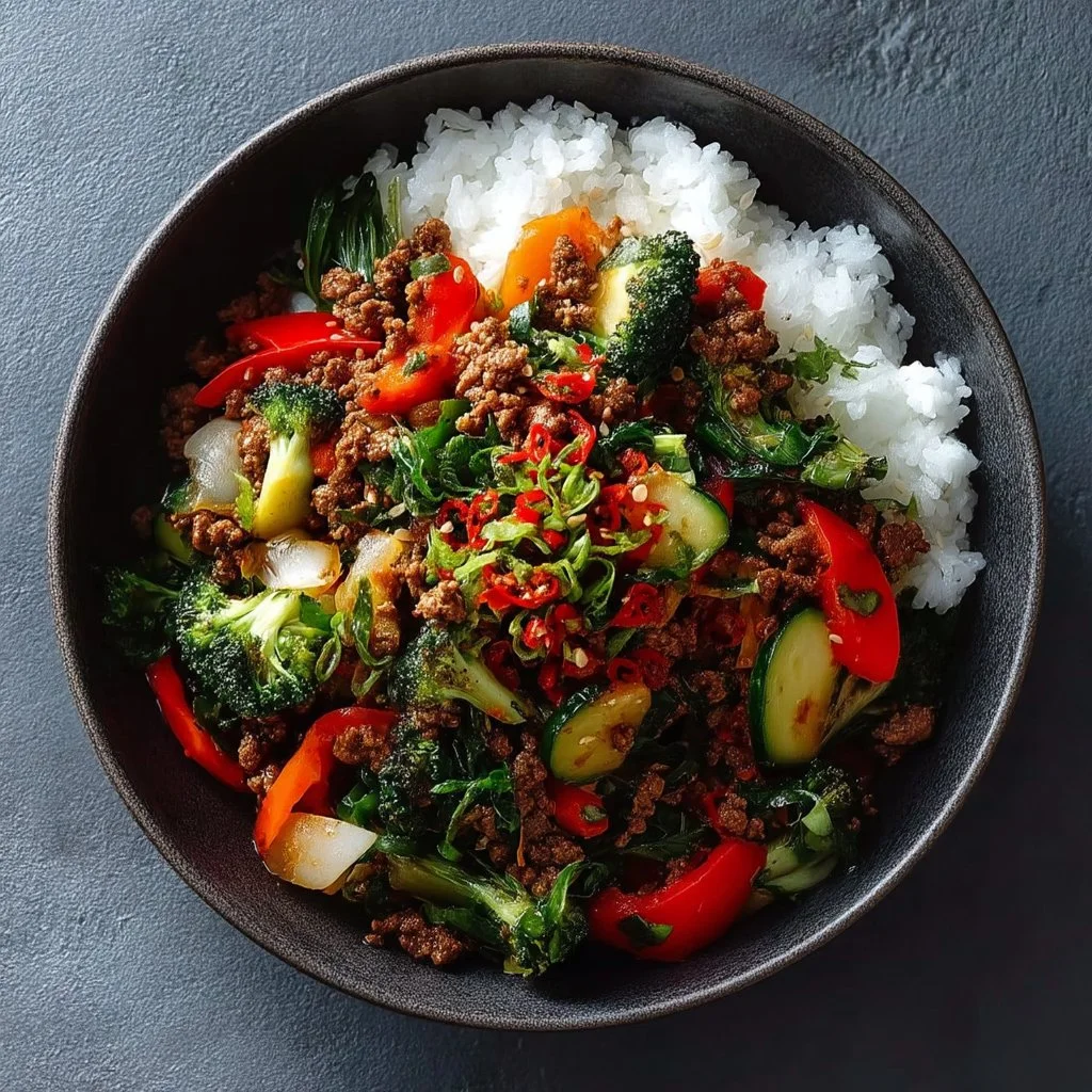 Spicy Ground Beef Stir-Fry Bowl with Garlic Veggies Delight