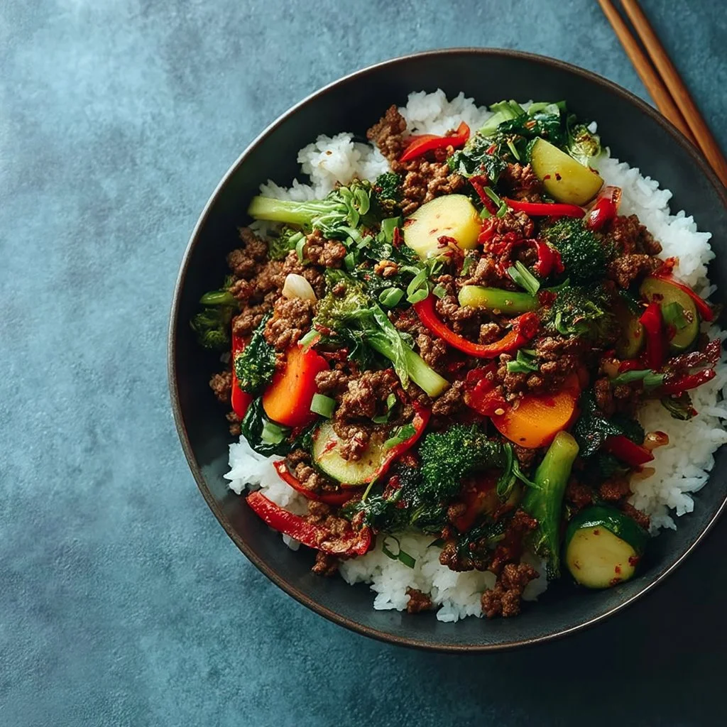 Spicy Ground Beef Stir-Fry Bowl with Garlic Veggies Delight