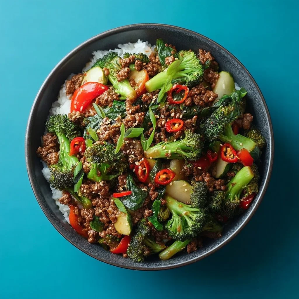 Spicy ground beef stir-fry bowl with colorful garlic veggies