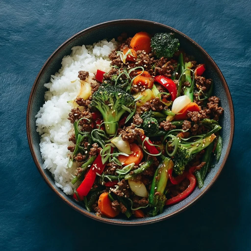 Spicy Ground Beef Stir-Fry Bowl with Garlic Veggies Delight