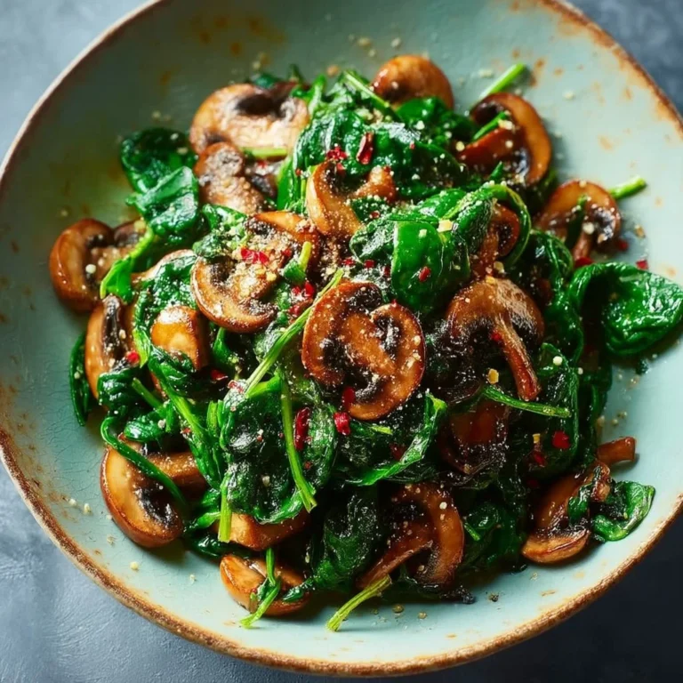 Spinach sautéed mushrooms served in a skillet