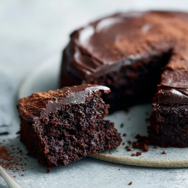 Delicious sugar-free chocolate cake topped with cocoa and fresh berries