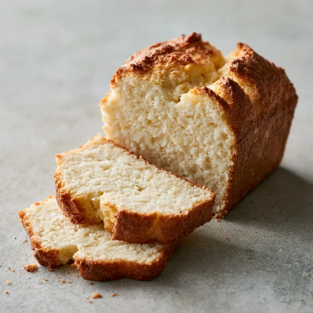 Slice of homemade zero carb yogurt bread on a wooden cutting board