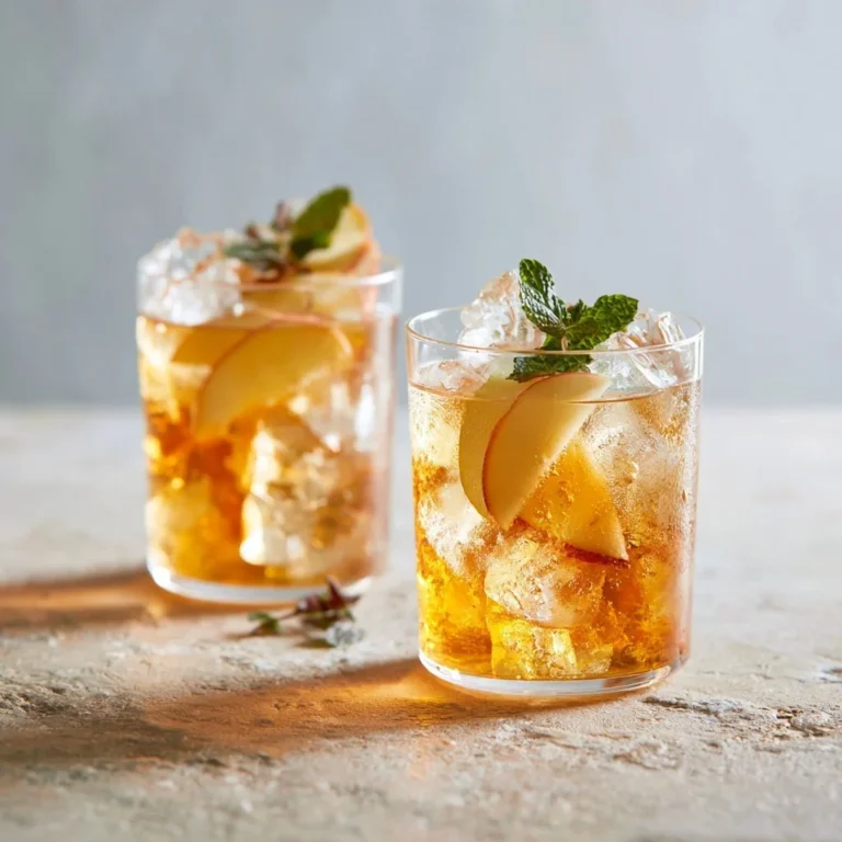 Refreshing homemade iced apple green tea in a glass with ice and apple slices.